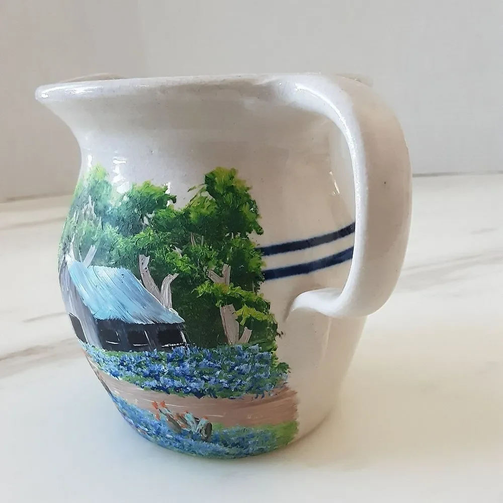 CASEY POTTERY Doris Fogel Hand Painted Barn Scene Small Cream Pitcher - Vtg